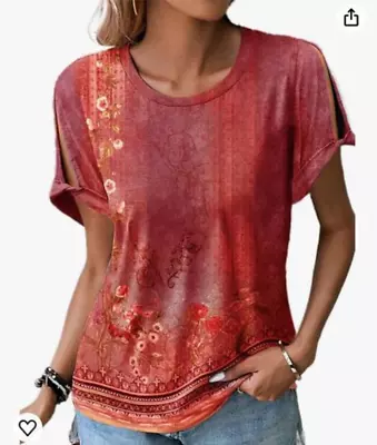 Women Crewneck Printing Tee Shirt 3/4 Sleeve Half Butoon Comfy Tops Loose Ethnic • $8