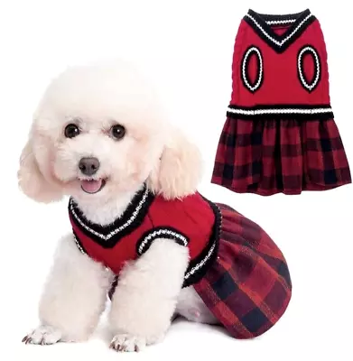 NEW Christmas Dog Knit Sweater Plaid Dress (Size XS) Pullover Warm Red T12 • $16.99