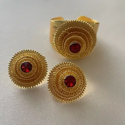 Indian Bridal Wedding Gold Plated Red Rhinestone Etched Cuff Bracelet Earrings • $21.95