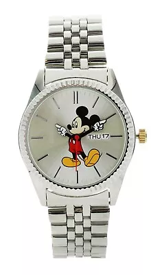 Disney Mickey Mouse Men's 'Moving Hands' Silver Bracelet Watch Gold Crown MK8187 • $49.99