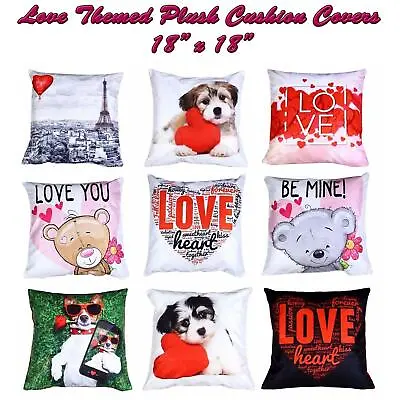 Love Cushion Cover 18 X 18  Plush Velvet 3D Print Hearts Puppies Romantic Decor • £2.99