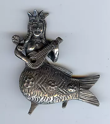 Vintage 1940's Silver Tone Mermaid Playing A Lute Pin Brooch • $145