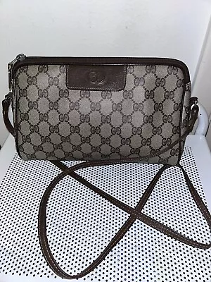 Vintage Gucci GG Monogram Brown Canvas Leather Crossbody Shoulder Bag Purse • $99