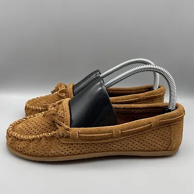 Minnetonka Moccasin Women's Size 7 Lisa Perforated Suede Hard Sole Brown 612P • $19.95