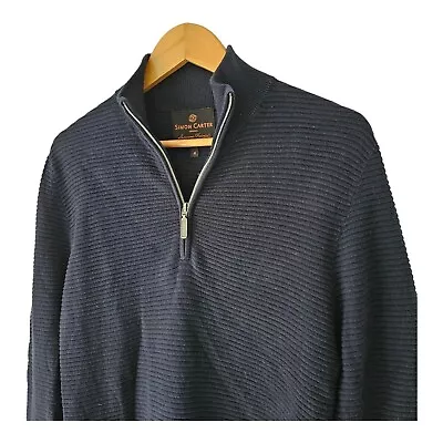 Simon Carter Jumper Mens Medium Navy Quarter Zip Cashmere Blend Pullover Sweater • £19.99