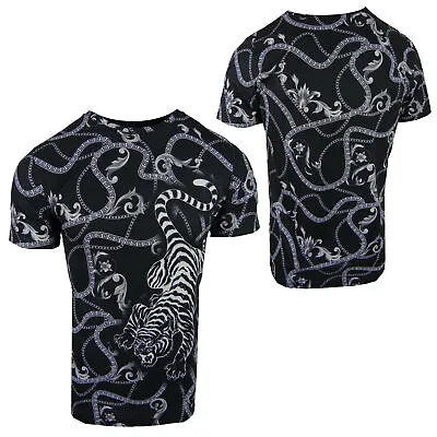 Mens T- Shirt Designer Tiger Animal Italian Stripe Print Slim Fit Stretch Casual • $18.99