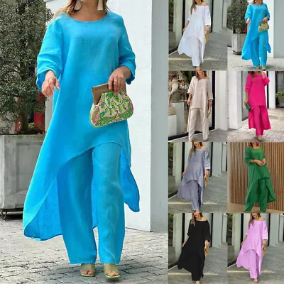 2 Piece Women Linen Cotton Suit Long Tops+Pants Co-Ord Set Outfits Loungewear UK • £21.59