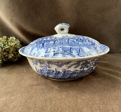 Vintage Myott Staffordshire Royal Mail Blue Transferware Round Covered Dish • $60