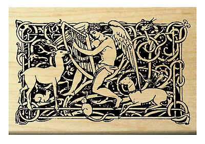 P28  Angel With Harp-vintage Image Rubber Stamp WM 3.25x2 • $14.50