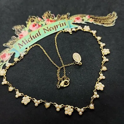 Michal Negrin Necklace Gold With Pearls & Crystals Signed Delicate Flowers Gift • $71.20