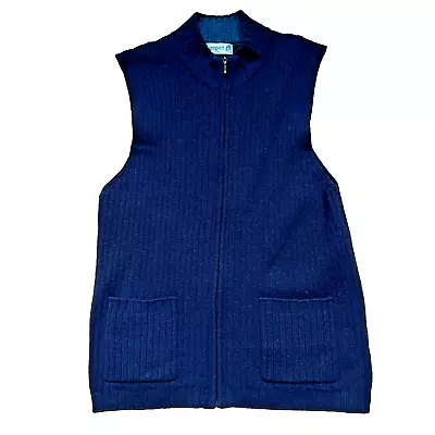 Jumper Blue Waistcoat UK12-14 Pockets 100% Wool Full Zip Sleeveless Cardigan • £14