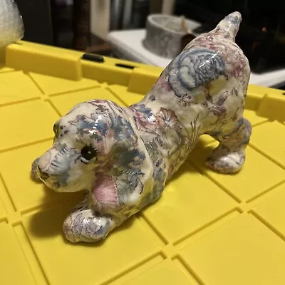 Vintage Puppy Dog Fabric Decoupage Figurine Pink Floral • $6.99