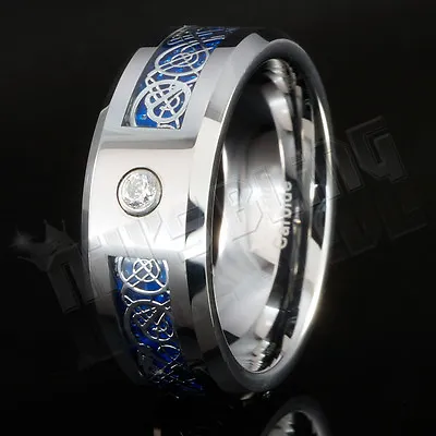 Silver Celtic Dragon CZ Tungsten Carbide Blue Carbon Fiber Wedding Band Men Ring • $19.99