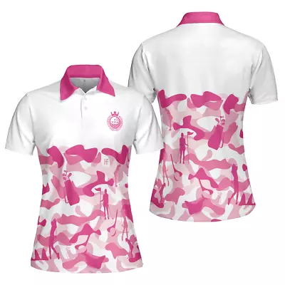 Pink Camouflage Pattern With Women Golfer Short Sleeve Women Polo Shirt White A • $21.99