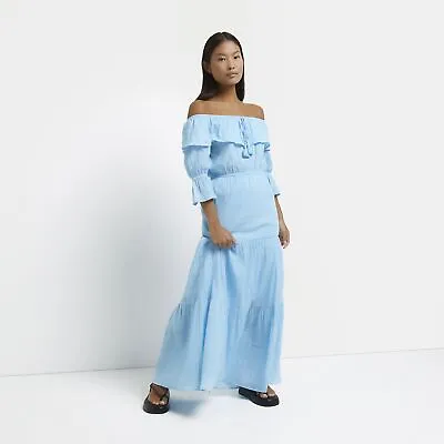 River Island Womens Bardot Maxi Dress Petite Blue Nola 3/4 Sleeve Tie Front • £12