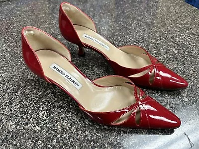 Manolo Blahnik 37 Red Patent Leather Shoes Made In Italy -3” Heels VERO CUOIO US • $99