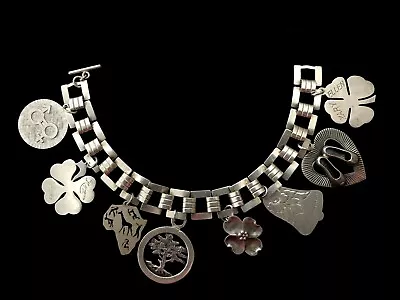 Vintage Sterling Silver Shamrock Clover Charm Bracelet BIG CHARMS • $145