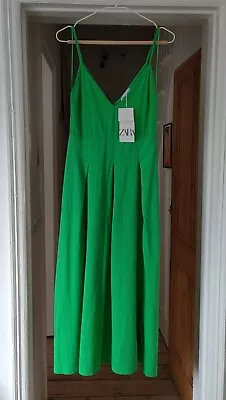 ZARA Summer Midi Dress With Box Pleats Strappy Long M Green Poplin Camisole • £29.99
