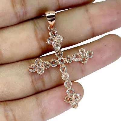 Round Pink Morganite 3mm Gemstone 925 Sterling Silver Jewelry Cross Pendant • $47