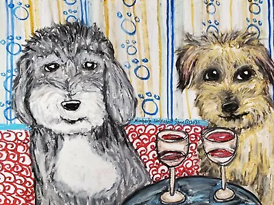 Doodle With Wine Giclee Art Print 11x14 Signed By Artist KSams Vintage Style Dog • $28