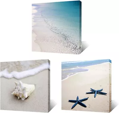 3 Piece Canvas Wall Art Beach Picture Tropical Blue Sea Starfish Sand Seascape P • $56.17