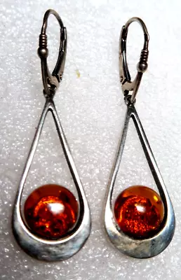 Vintage Sterling Silver Honey Color Long Dangle Genuine Baltic Amber Earrings • $49.99