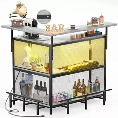 L Shaped Home Bar With Power Outlet & LED Light Corner Bar Cabinet With Foot... • $291.68