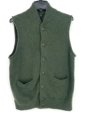 J Crew Mens Size M Lambswool Bomber Sweater Vest Knit G8968 Green Button Pocket • $31