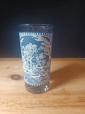 VINTAGE ROYAL BLUE WHITE CURRIER & IVES 12 OZ TUMBLER Old Grist Mill Glass • $7.99