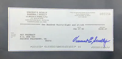 Vin Scully Signed  Autographed Check  - LA Dodgers Great! • $299.99