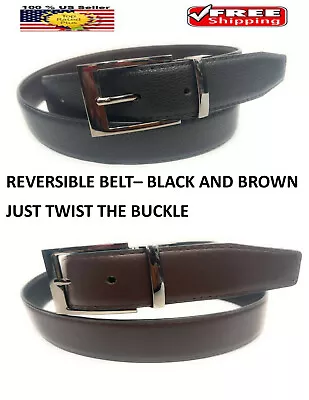 MEN BLACK BROWN REVERSIBLE LEATHER BELT W REMOVABLE BELT BUCKLE - 2 BELTS IN ONE • $8.95