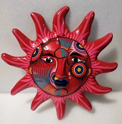 Mexican Red Sun Tribal Fantasy Face Folk Art Talavera Pottery Hand Painted 10    • $28