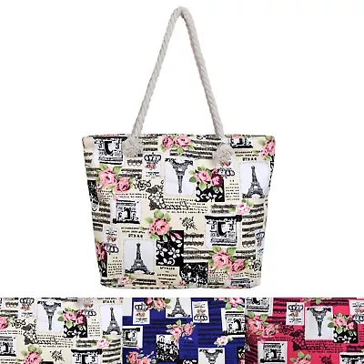 Paris Eiffel Tower Music Notes Floral Print Canvas Tote Shoulder Bag Handbag • $13.99