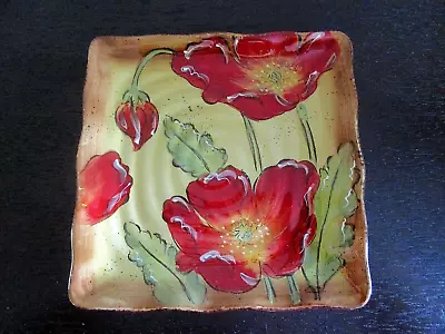 MAXCERA POPPY 9 Inch SQUARE PLATE PLATTER HAND PAINTED  GORGEOUS  PREOWNED • $12.29