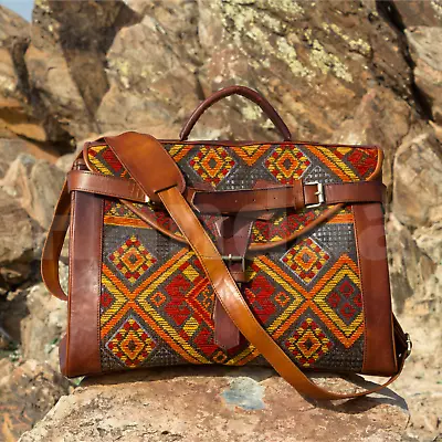 Victorian Carpet Mary Poppins Vintage Leather Weekender Kilim Travel Bag • $155.99