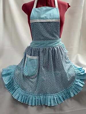 £26.99 • Buy RETRO VINTAGE 50s STYLE FULL APRON / PINNY - TURQUOISE FLORAL WITH TURQUOISE TRI