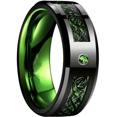 Ring W Black Dragon Pattern & Green Carbon Fiber Inlay Stainless Steel Size 7 • $19.97