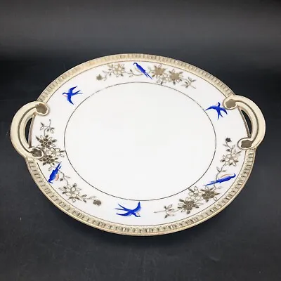 Noritake Hand Painted Plate With Handles -Bluebirds Gold Gilt Trimmed 8.75”-  J1 • $18.90