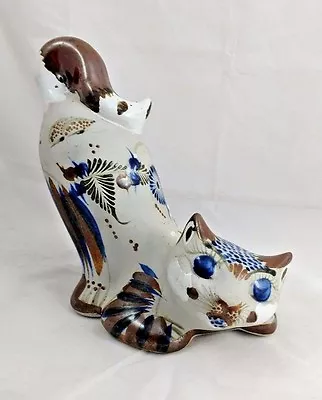 Stoneware Cat Kitten Tonala Style Mexico Pottery Brown Blue Hand Painted Folk • $14.99