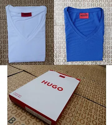 New HUGO BOSS Mens 2 Pack Blue White V-neck Cotton Jeans Stretch T-shirt Medium • $54.32