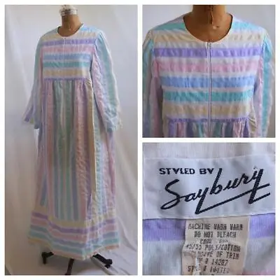 Vtg SAYBURY Rainbow Seersucker Stripe Zip Front Retro House Dress Lounge Robe L • £48.16