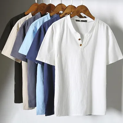 $5.42 • Buy ⭐⭐Mens Henley Neck Plain Loose T-Shirt Short Sleeve Casual Summer Grandad Shirts
