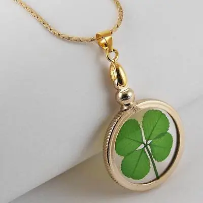 Good Luck Charm Gold Necklace With A Real 4 Leaf Clover GN-4J • $26.95