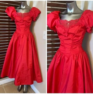 1980s 80s Vintage Red Puff Sleeve Formal Prom Dance Bridesmaid Dress Gown 3/4 • $85