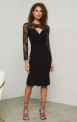 Lipsy Bodycon Dress 10 Black Long Sleeve Lace Fishtail Hem • £25