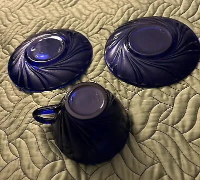 Cobalt Blue Cup & 2 Saucers Rivage Swirl Glass Vereco France Vintage • $10