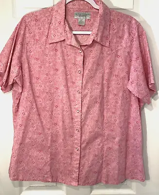 Wrangler Blouse  Sz XXL Pink Floral Horse Shoe Print Western Pearl Snap SS Top • $19.19