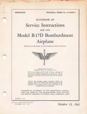 1942 Aaf Boeing B-17d Flying Fortress Service Instructions Flight Handbook-cd • $149.99