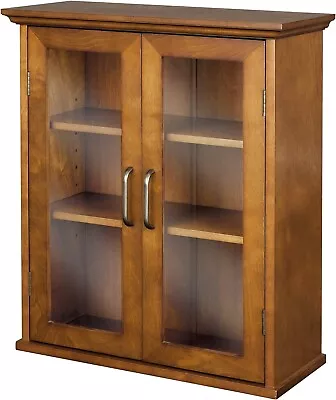 Glass Door Wall Cabinet With Adjustable Shelves Kitchen Bathroom Cupboard Brown • $129.30