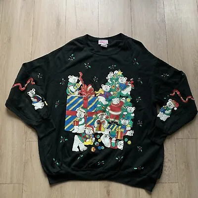 Vintage Young Stuff Christmas Sweater Mens Womens 2XL XXL Black Christmas Bears • £14.99
